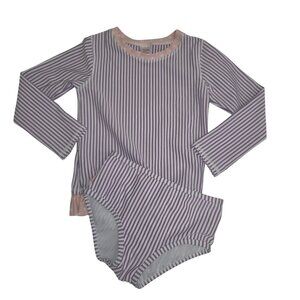 RuffleButts  Girls 4T 2-Pc Rash Guard Swimsuit Set Purple & Pink Stripes 3850
